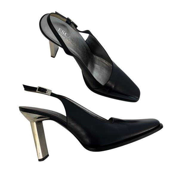 Escada Slingback Mirror Heel Pumps Dark Navy Blue Square Toe Size 8B - Picture 1 of 13